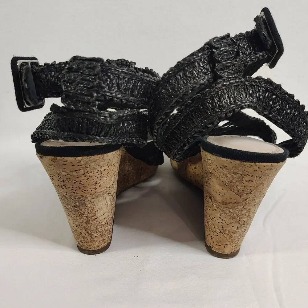 Impo Black Crochet Strappy Cork Wedge Sandals Women’s Size 10 Ankle Strap